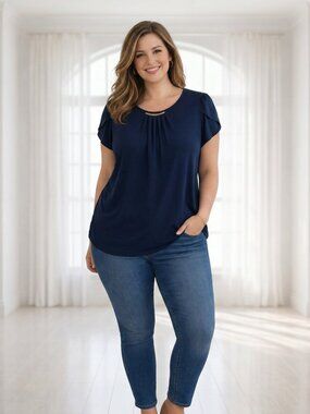 AUW Short Sleeve Gold Necklace Accent Petal Sleeve Blue Top Size Large